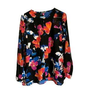 VINCE CAMUTO Long Sleeve Blouse Womens Small Black Colorful Floral Polyester